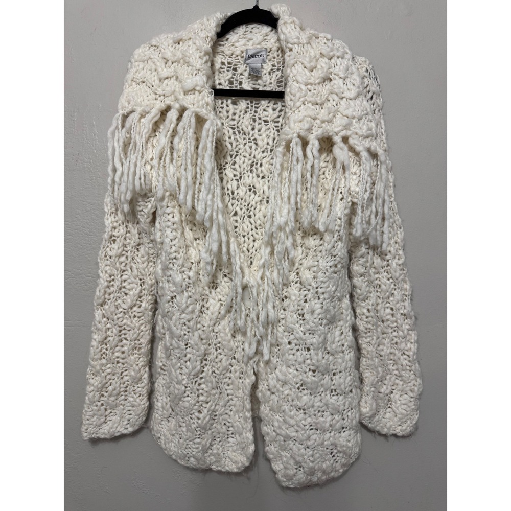 Chicos Cream Ivory Chunky Knit Fringe Cardigan Sweater Wool Blend Size 0 XS S‎